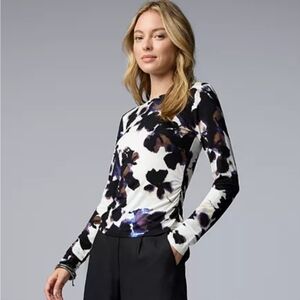 Simply Vera Vera Wang Long Sleeve Crewneck Tee Navy Ink Bouquet  X-Large (EUC)